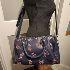 Floral Embroidered Navy Blue Handbag